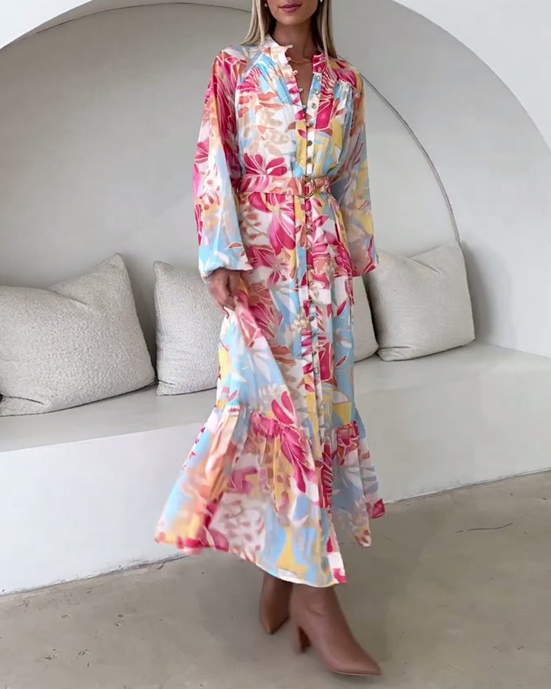 Elegant dress with printed buttons and lantern sleeves casual dresses spring summer