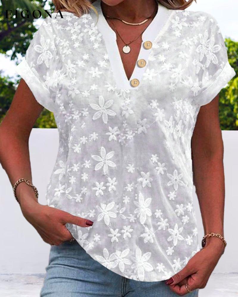 Loose V-neck Embroidered Top with Buttons blouses & shirts spring summer