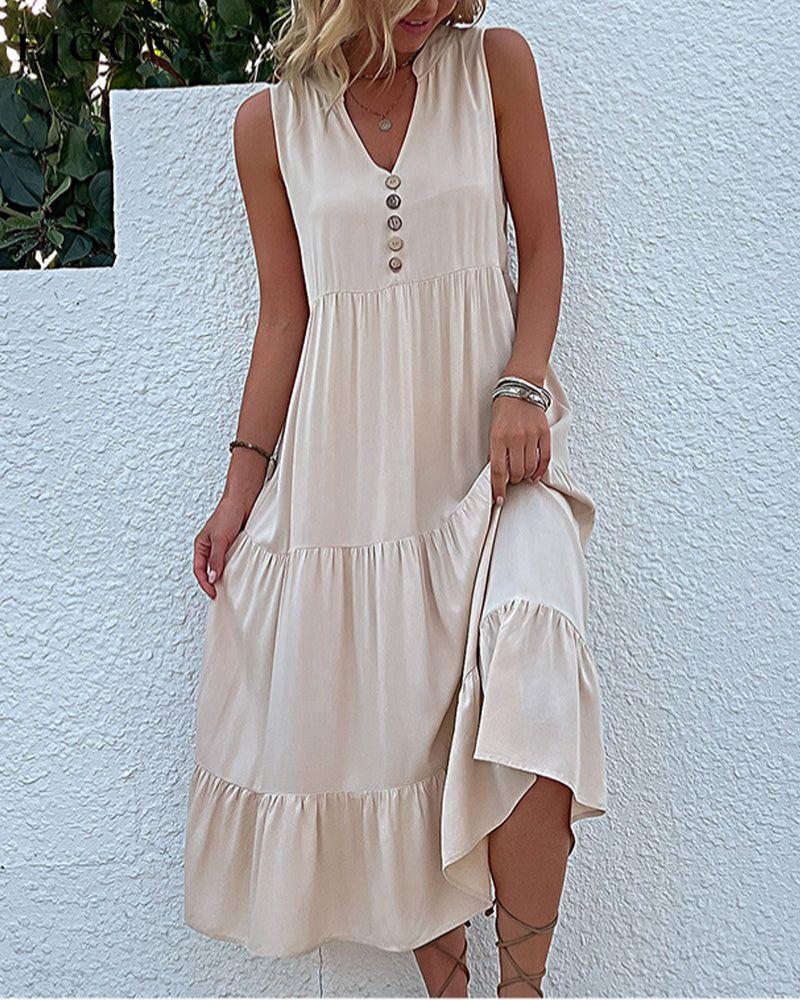 Solid color sleeveless casual dress Beige 23BF Casual Dresses Clothes Dresses Summer