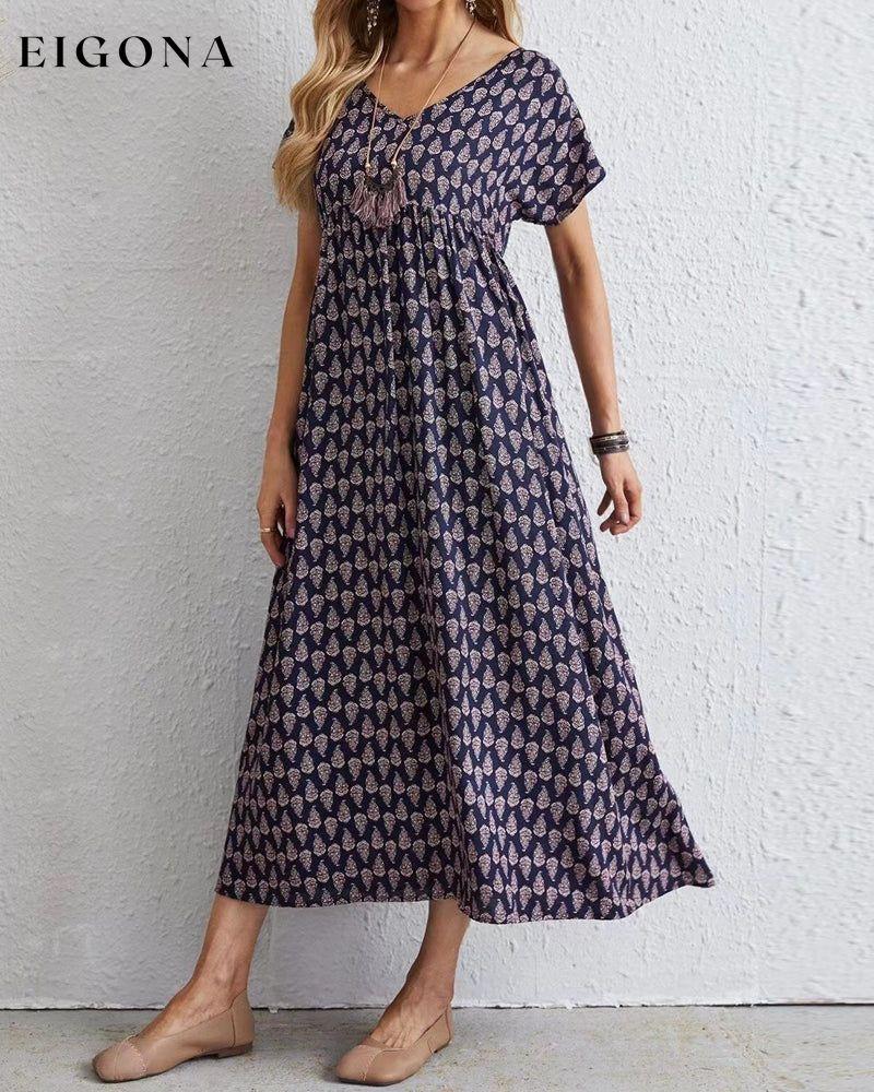 V neck short sleeve long dress Navy Blue 23BF Casual Dresses Clothes Dresses Spring Summer Vacation Dresses