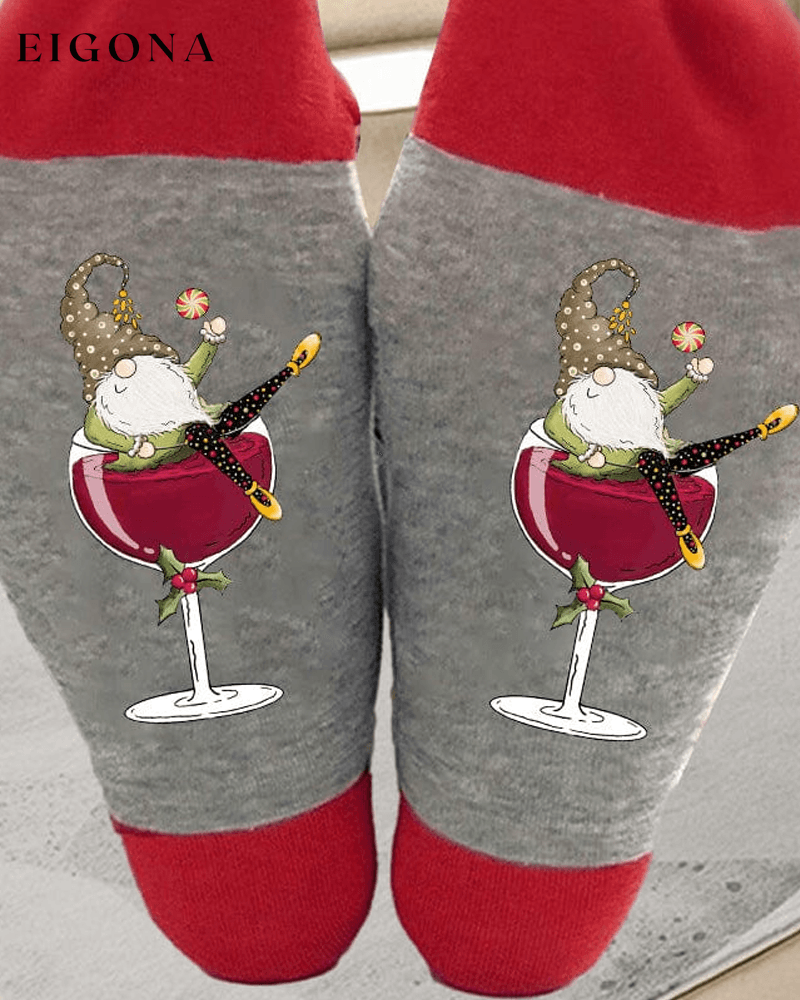 🧦Christmas gnome wine glass unisex crew socks🧦 23BF ACCESSORIES Christmas Clothes