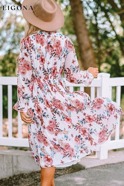 Beige Floral Print Puffy Sleeve Ruffled Midi Dress All In Stock clothes Color Pink DL Chill Out DL Exclusive dress dresses long dress long dresses Occasion Vacation Print Floral Season Spring Sleeve Puff sleeve Style Bohemian