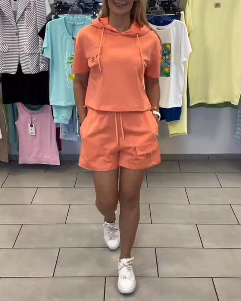 Sports Hooded Solid Color Shorts Set