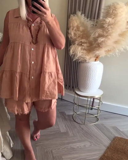 Ärmelloser Revers Button-Down Casual Shorts Anzug