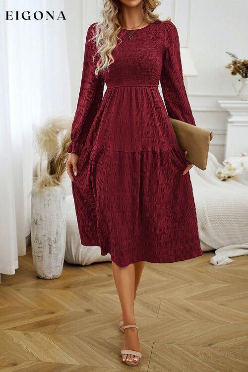 Round Neck Velvet Smocked Flounce Sleeve Dress Deep Red casual dress casual dresses clothes dress dresses DY long sleeve dress long sleeve dresses midi dress midi dresses Ship From Overseas short dresses