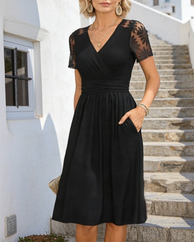 Mesh Splicing V-Neck A Hem Dress