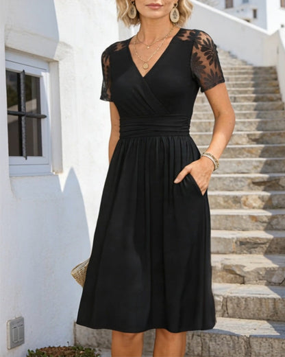 Mesh Splicing V-Neck A Hem Dress