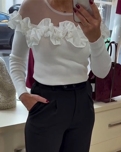 Mesh Spliced Ruffled Long-Sleeved Top