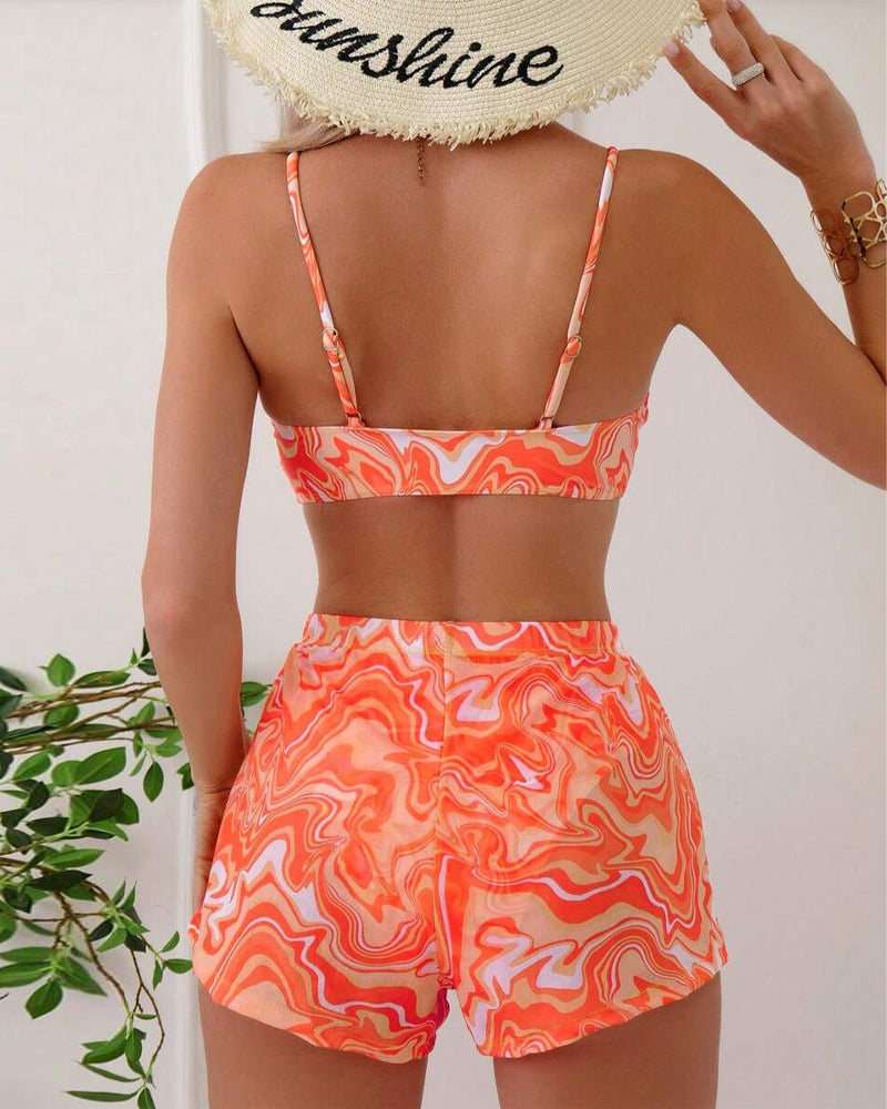 Suspender Printed Beach Pants Three-Piece Bikini