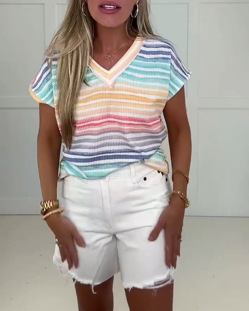Rainbow Gradient Striped V-Neck Short-Sleeved Top