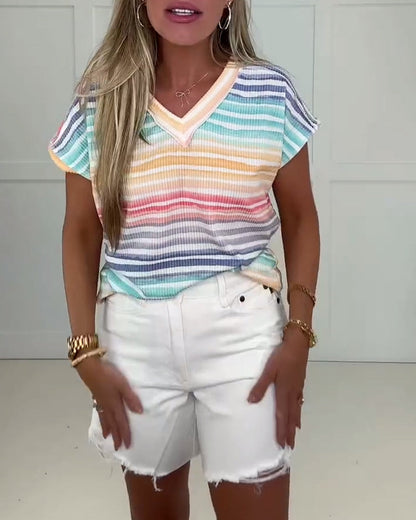 Rainbow Gradient Striped V-Neck Short-Sleeved Top
