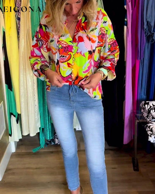 Colorful printed casual V-neck lace up blouse blouses & shirts spring summer