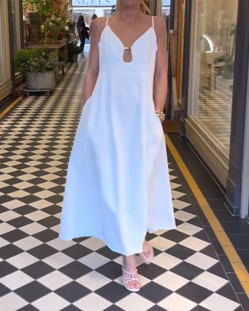 V-Neck Spaghetti Strap Solid Color Dress