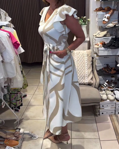 V-Neck Printed Ruffle Sleeve Dress