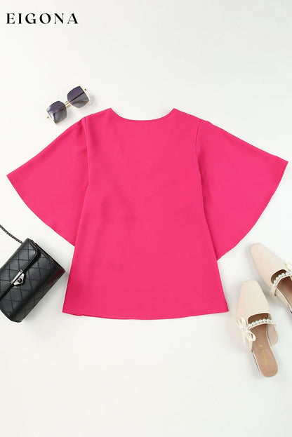 Rose Plain Flounce Bell Sleeve V Neck Blouse All In Stock clothes Color Pink Day Valentine's Day DL Exclusive Occasion Daily Print Solid Color Season Summer shirt shirts Style Modern top tops