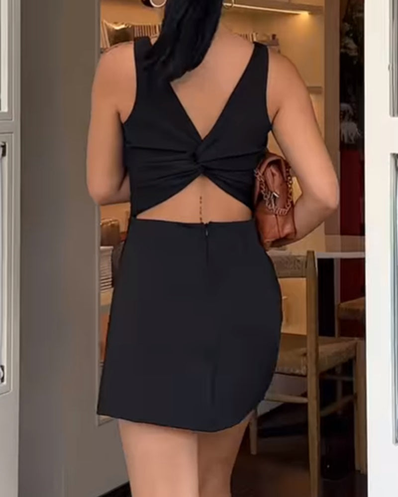 U-Neck Suspender Solid Color Waist Dress