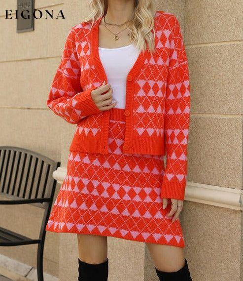 Geometric Button Front Cardigan and Skirt Set clothes Ship From Overseas X.X.W