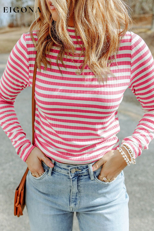 Strawberry Pink Striped Print Textured Knit Long Sleeve Tee Strawberry Pink clothes long sleeve shirt long sleeve shirts long sleeve top long sleeve tops shirt shirts top tops