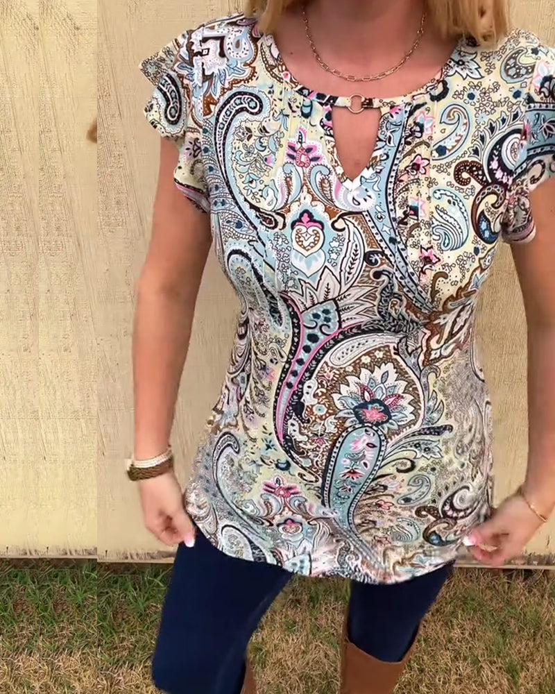 Lotus Leaf Sleeve Hollow Print Blouse