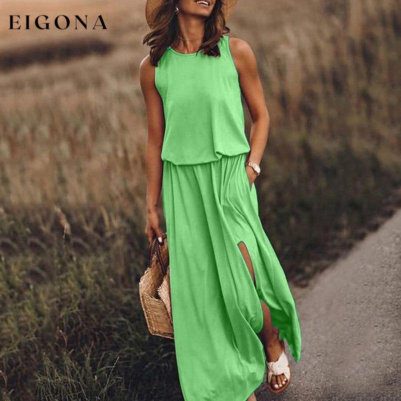 Women's Round Neck Sleeveless Dress Slit Multicolor Solid Color Long Dress Pale green Clothes dresses maxi dress