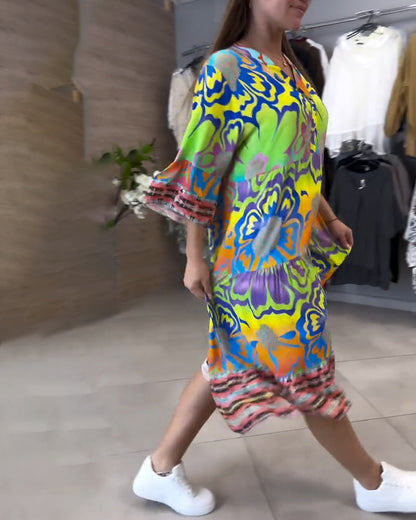 V-Neck Printed Casual Bohemian Dress