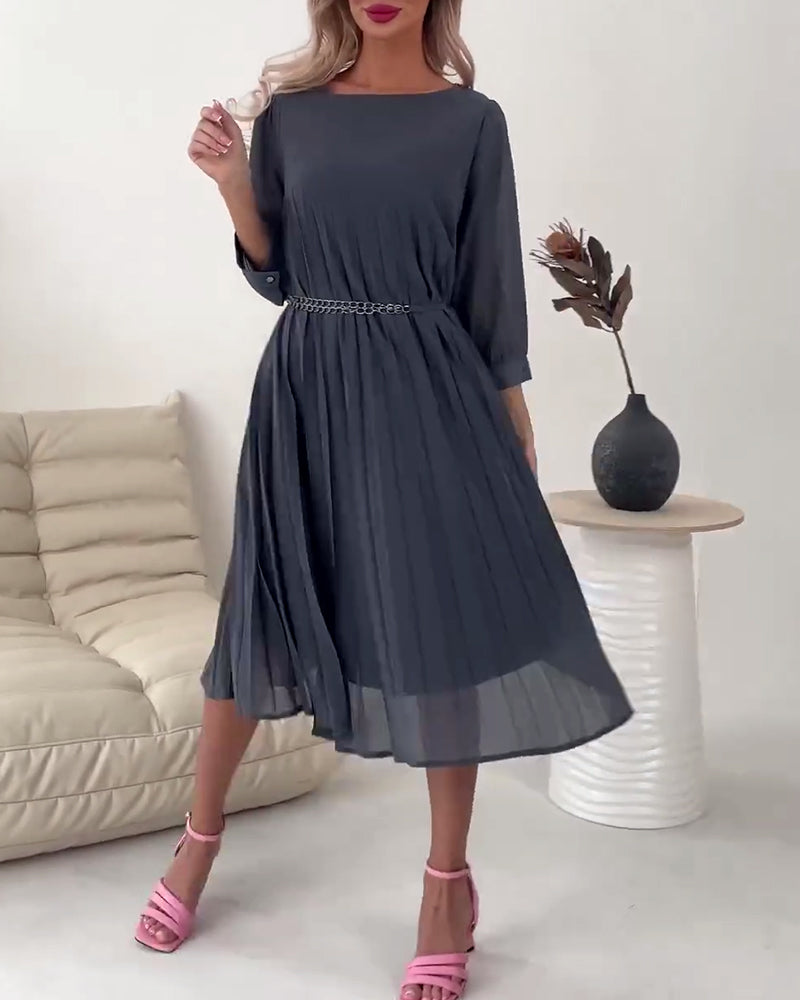 Casual solid color round neck pleated belt dress casual dresses spring summer