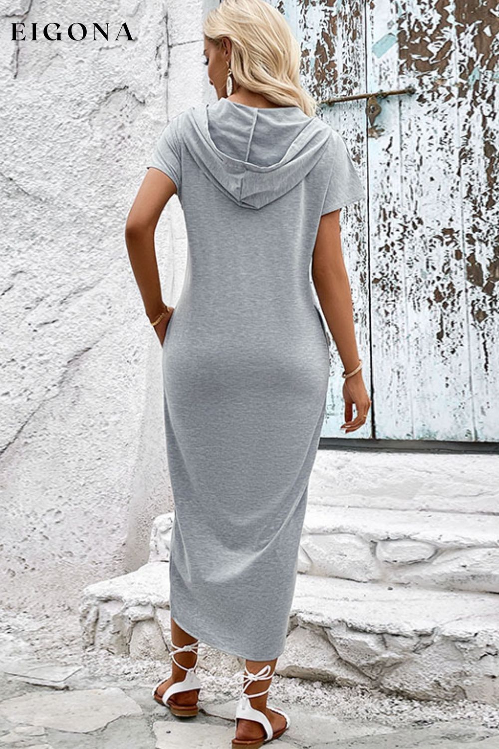 Short Sleeve Front Slit Hooded Dress casual dress casual dresses clothes dress dresses Hundredth midi dress midi dresses Ship From Overseas