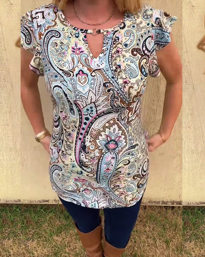 Lotus Leaf Sleeve Hollow Print Blouse