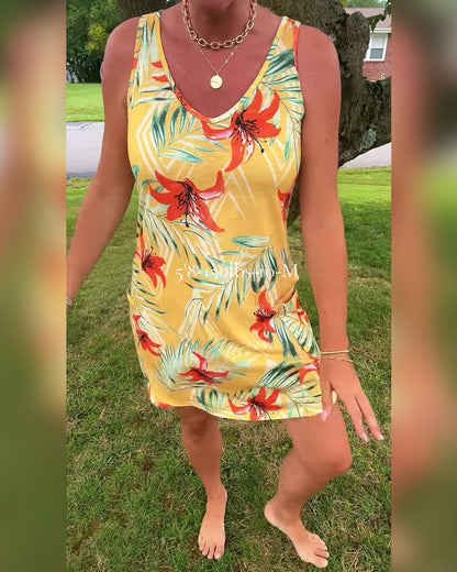 Abito dritto floreale senza maniche con scollo a V