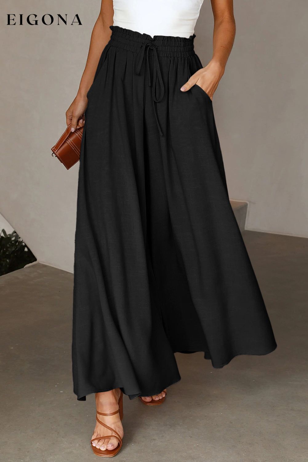 Black Drawstring Smocked High Waist Wide Leg Pants All In Stock bottoms clothes clothing Occasion Vacation Print Solid Color Season Summer Silhouette Wide Leg Style Casual wide leg pants Women's Bottoms
