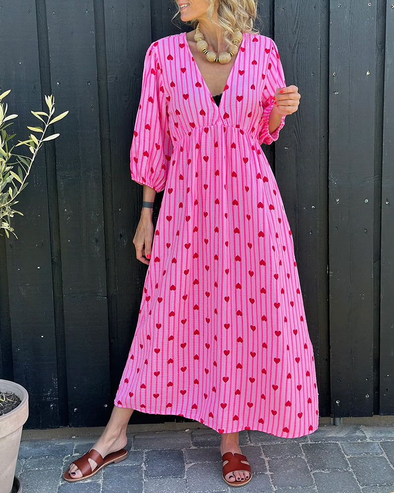 Deep V Heart Stripe Print Dress