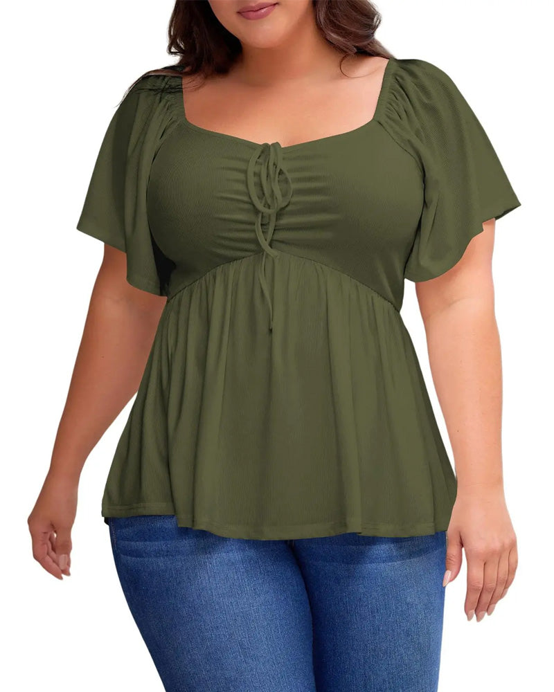 Large Size Square Neck Bubble Sleeve T-Shirt