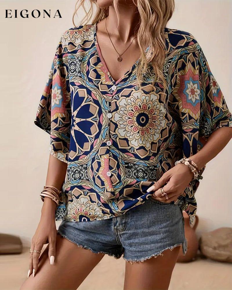 Retro printed V-neck button half sleeve blouse blouses & shirts spring summer