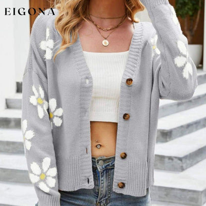 Floral Ribbed Trim Drop Shoulder Cardigan Gray cardigan cardigans clothes Ship From Overseas sweater sweaters Yh