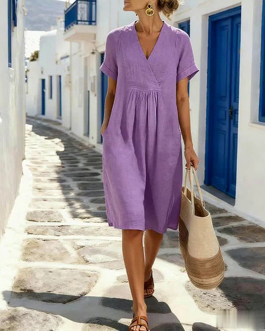 Pure Cotton Short-Sleeved V-Neck Pleated Dress