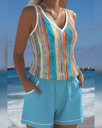 V-Neck Printed Tankini Swimsuit