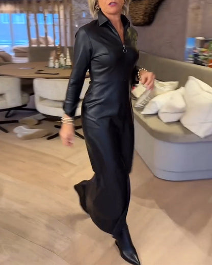 Lapel Zipper Pu Fashion Dress