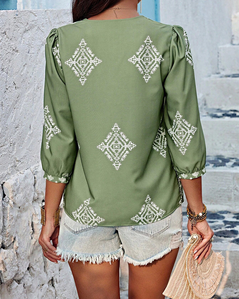 V-Neck Diamond Print Three-Quarter Sleeve Blouse blouses & shirts summer