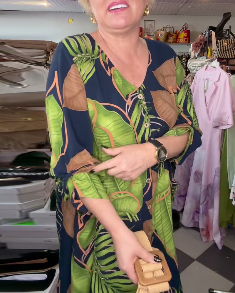 V-Neck Leaf Print Loose Dress