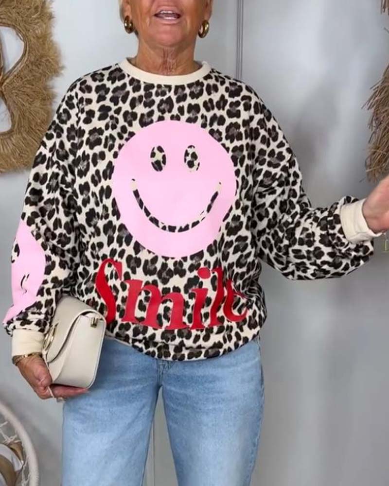 Leopard smiley face print sweatshirt 2023 f/w 202466 hoodies & sweatshirts