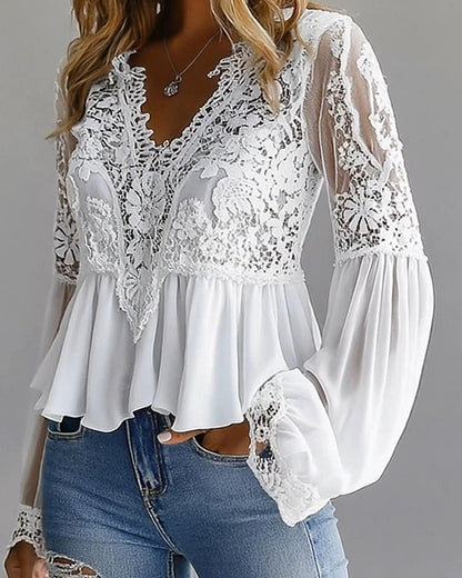 Lantern Sleeve Lace Patchwork Versatile Blouse