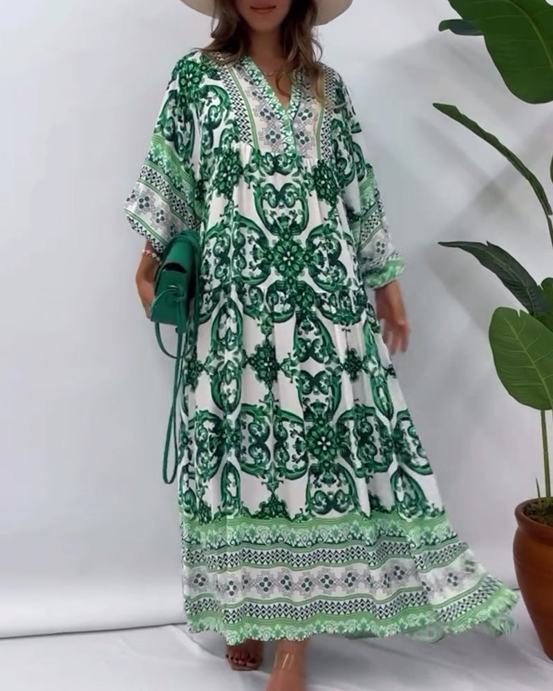 Retro print v-neck casual long dress 202466 casual dresses spring summer vacation dresses