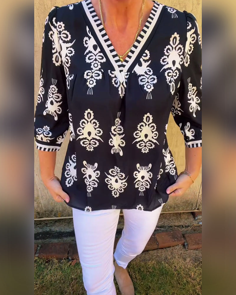 Three-Quarter Sleeves Printed Blouse