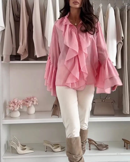 Solid Color Fashionable Bell Sleeve Blouse