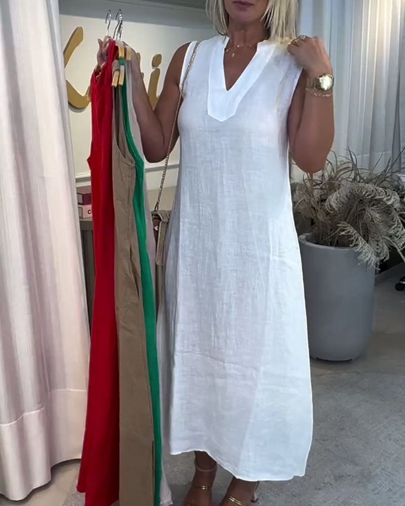 V-Neck French Cotton And Linen Sleeveless Dress