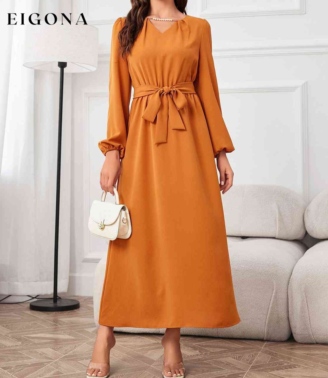 Tie Waist Puff Sleeve Maxi Dress clothes Ship From Overseas Shipping Delay 09/29/2023 - 10/03/2023 Z@Q