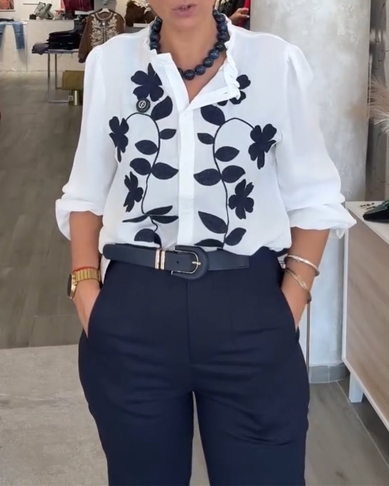 Stylish Floral Print Ruffle Blouse