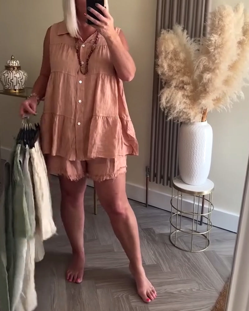 Ärmelloser Revers Button-Down Casual Shorts Anzug