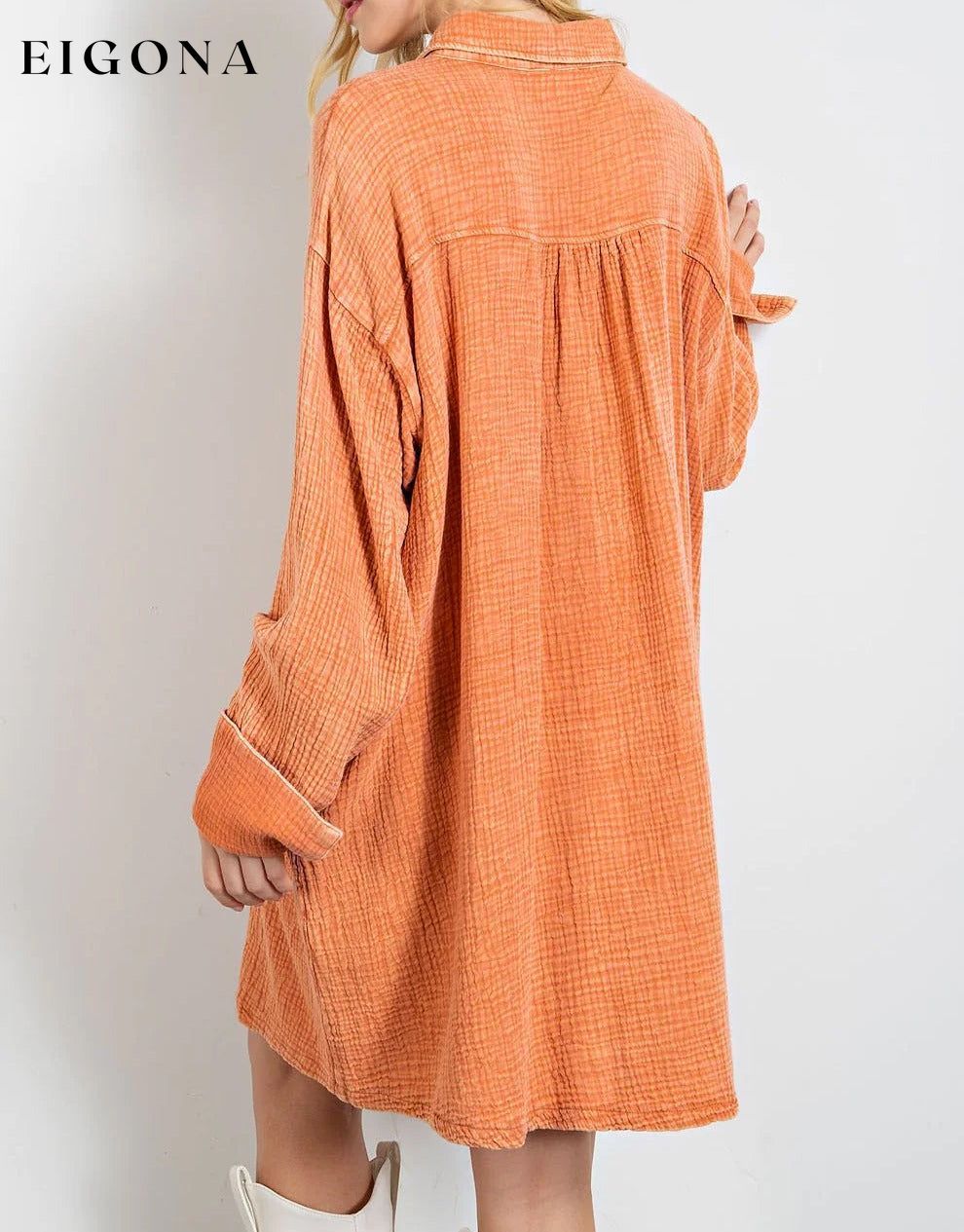 Orange Crinkled Dual Chest Pocket Oversized Shirt Dress All In Stock clothes Color Orange EDM Monthly Recomend Fabric Linen Occasion Daily Print Solid Color Season Spring Style Southern Belle