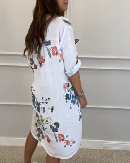 Stand Collar Printed Shirt Dress